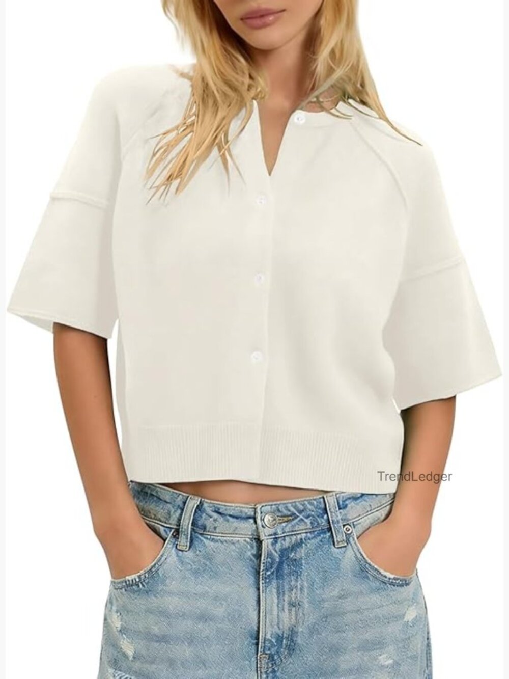 Short Sleeve Cardigan Button Down Knit Top Crew Neck Summer Sweater